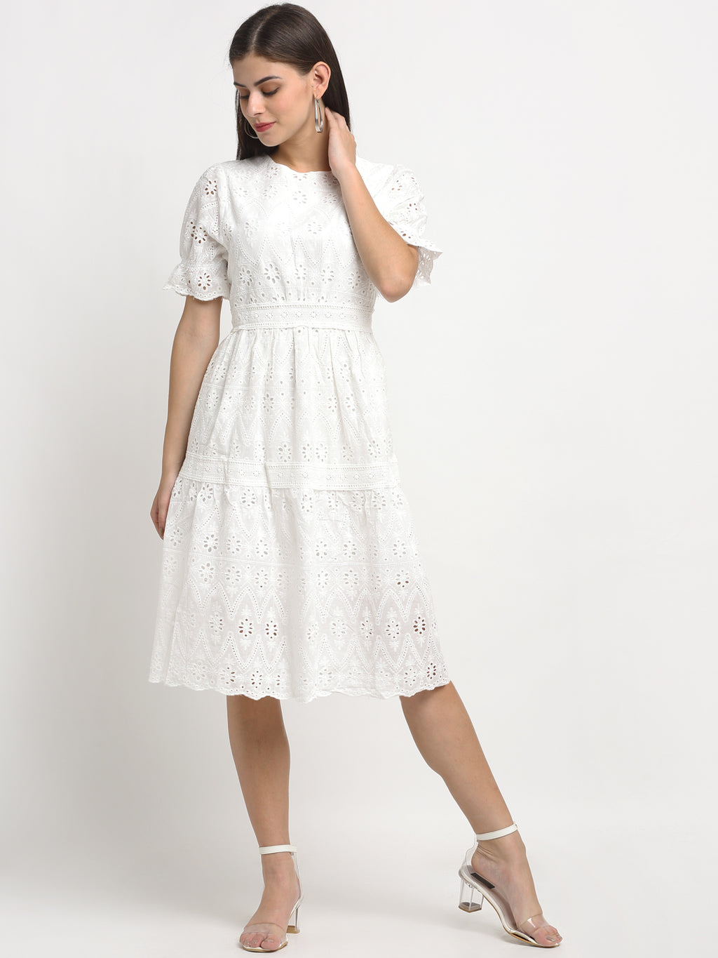 Women White Cotton Schiffli Dress ...